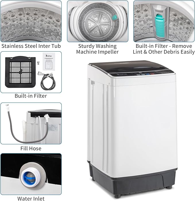 ROVSUN 17.6LBS Full Automatic Washing Machine and 1.5CuFt Portable Clothes Dryer Set, Compact Laundry Washer and Dryer Combo Set with Stainless Steel Inner Tub, for Apartment, Dorms, Home