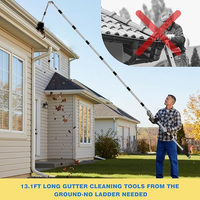 13FT Gutter Cleaning Tool from The Ground, No Ladder Needed - Adjustable Length Gutter Cleaner Pole with 180° Pivoting Head, Replaceable Brush & Shovel for Leaves, Debris