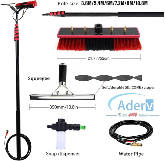 3.6-10.8 M Washing Kit: Water-fed Brush,Squeegee,Soap Dispenser, Window Cleaning Pole, Water Fed Telescopic Brush, Window Cleaner Equipment, Car Cleaning Brush (55cm Brush,9M)