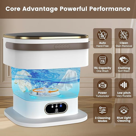 Portable Washing Machine, 15L Mini Washing Machine with Spin Basket & 3 Cleaning Modes for Small Clothes,Foldable Mini Washer for Apartments, Dorms, Camping (Khaki)