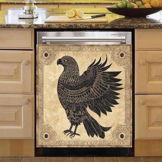 Black Eagle Home Appliance Dishwasher Door Panel Sheet, Animal Eagle Dishwasher Front Cover, Retro Style Skin Cover for Refrigerator - 23" W x 26" H Ordinary