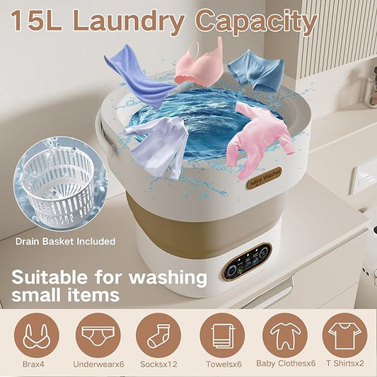 Portable Washing Machine, 15L Mini Collapsible Washer with 3 Cleaning Modes for Baby Clothes, Underwear, Small Foldable Laundry for Travel Apartment Home Dorm Hotel Camping (White+Khaki)