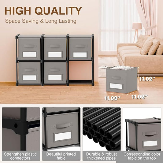 Geelin 6 Sets Cube Storage Organizer Bins with Shelf & Labels 11 Inch, Fabric Collapsible Cubby Toys Clothes Storage Drawer Unit for Daycare Nursery Playroom Bedroom Dorm Organizer (Gray)