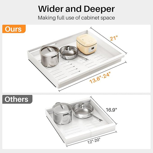 Pull out Cabinet Organizer, 2-Pack Expandable(13.6"-24") Silde out Drawers with Raising Pad for Framed Cabinets, Adjustable Full-Extension Adhesive Roll out Shelves for Kitchen Pantry Home Pot and Pan