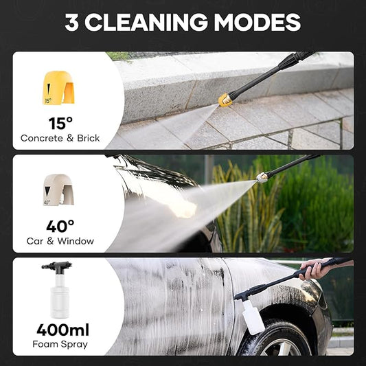 Multi-Surface Cleaning Tool with Foam Blaster, 35FT Power Cord and 20FT Hose, 3 Quick Connect Nozzles, 400ml Foam Bottle for Cars, Driveways, Fences, Patios, Home Cleaning