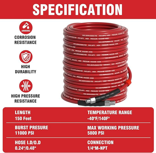Sewer Jetter Kit 150FT for Pressure Washer, 5800 PSI Drain Cleaner Hose 1/4 Inch NPT with Spray Nozzle, Button Nose and Rotating Sewer Jetting Nozzle, Spanner Teflon Tape Pearl Corsage Pin