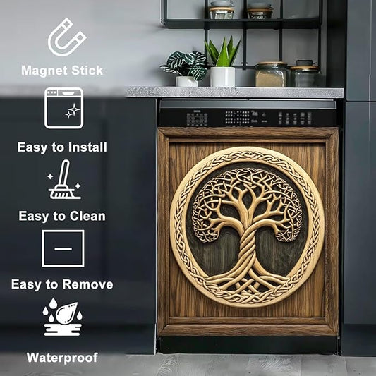 Wood Tree of Life Dishwasher Front Door Cover Vinyl Magnetic Sticker, Retro Wood Door Fridge Magnet Panel Decal, Tree of Life Dishwasher Magnet Skin Cover - 23x26 in (Magnet)