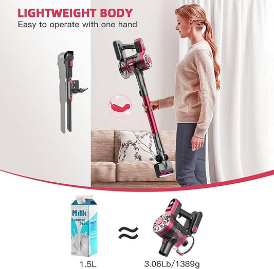 WLOTPO Cordless Vacuum Cleaner for Home, Lightweight Stick Vacuum Cordless Rechargeable with Power Suction, Up to 35 Mins Runtime, Hardwood Floor Vacuum for Pet Hair, Carpets, Tile(Light Red)