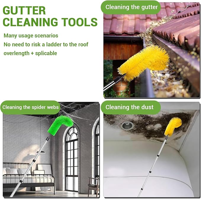 Gutter Cleaning Tools, 12ft Adjustable Length Telescopic Pole Gutter Cleaning Tools from The Ground,9 Stainless Steel Tubes Gutter Cleaning Tools with 2 Brushes Green