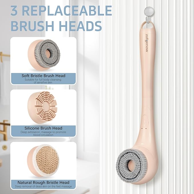 Electric Body Brush, Waterproof Back Scrubber for Shower with Long Handle and 3 Heads, Rechargeable Exfoliating Brush for Body and Foot, Deep Cleansing Massager, Pink