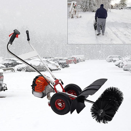 2-Handles 52CC Gas Power Broom, 2.5HP Gas Power Sweeping Broom Walk Behind Broom Driveway Turf Grass Cleaning Sweeping Machine Rotatable Brush Head, 10500rpm