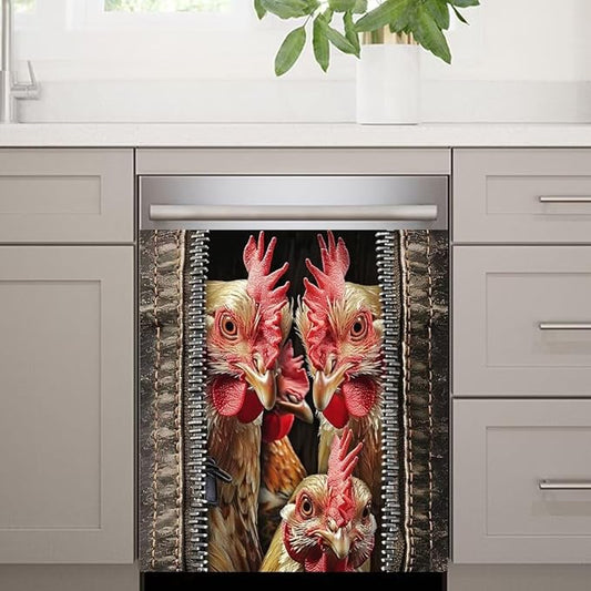 Wood Board and Rooster Pattern Dishwasher Magnet Cover,Fridge,Refrigerator Magnetic Panel Decals,Home Appliances Cabinet Magnets Sticker 23W x 17H inchs