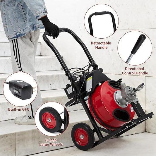 100 FT x 1/2 Drain Cleaner Machine with 250W Motor,Auto Feed Portable Sewer Snake Auger with Wheels,8 Cutters,Air-activated Foot Switch,Fits 1" to 4" Pipes