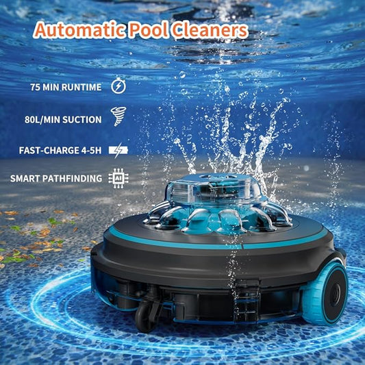 Automatic Cordless Pool Cleaner Upgrade for Above Ground Pools - Pool Stomach 65 | 75-Min Runtime, Self-Parking | Cleans Slopes & Ramps | Dual Filter System for Leaves & Sand | US/EU Patented Design