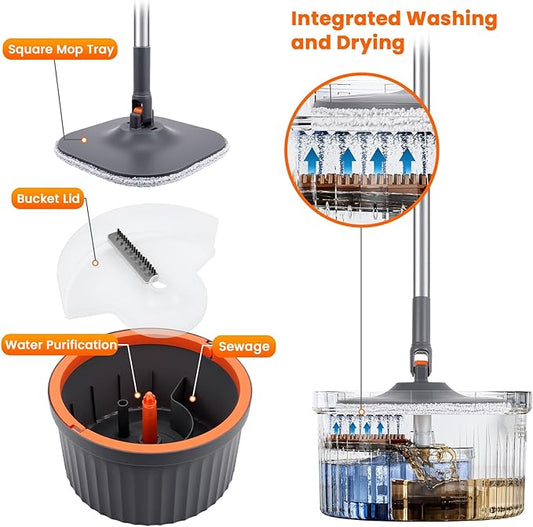 Chabatree Mop and Bucket Set,Spin Mop and Bucket Set with Separate Dirty and Clean Water,12 Replaceable Mop Pads,Deep-Cleaning Mops for Floors, Versatile Mops for Walls