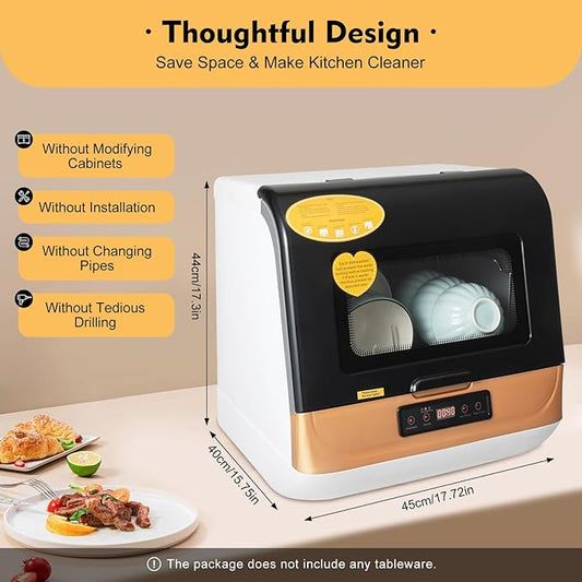 Countertop Dishwasher, 800W 110V Portable Countertop Dishwasher, Automatic Dishwashers with 3 Washing Programs, 360° Streak-Free Deep Cleaning for Apartment Kitchen