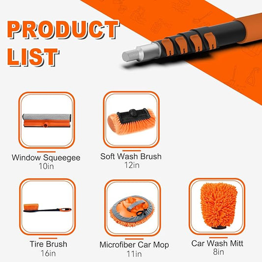 16FT Car Wash Brush with Long Handle, Car Cleaning Brush Kit with Soft Bristle Brush, Window Squeegee, Microfiber Mop, Wheel Brush, Mitt for Cleaning Truck, RV, Boat, Solar Panels