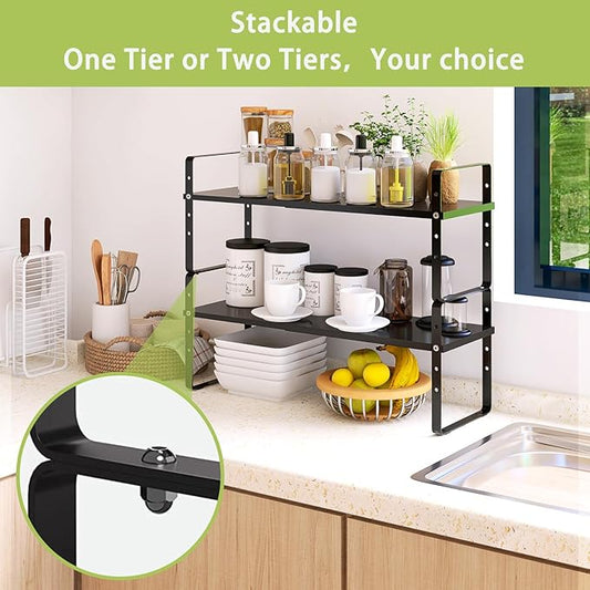 Expandable Cabinet Shelf Organizer Rack, Stackable Kitchen Counter Storage Shelves Stand, Adjustable Height Pantry Shelf Spice Rack