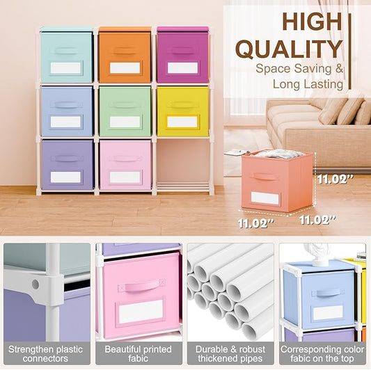 Geelin 9 Sets Cube Storage Organizer Bins with Shelf & Labels 11 Inch, Fabric Collapsible Cubby Toys Clothes Storage Drawer Unit for Daycare Nursery Playroom Bedroom Dorm Organizer (Pastel)