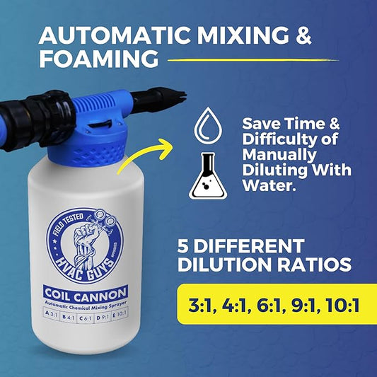 Coil Cannon | AC Coil Cleaner Automatic Foaming Mixing Sprayer | Compatible with All Cleaners & Chemicals | 5 Dilution Ratios