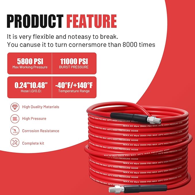 100FT Sewer Jetter Kit for Pressure Washer,1/4 Inch NPT Corner Max Working Pressure Drain Cleaner Hose 5800 PSI Sewer Blasting Hose 4 Sewer Blasting Nozzles