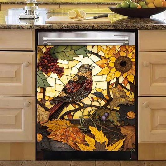 Stained Glass Bird Dishwasher Door Panel Decal Magnet Cover, Stained Glass Art Magnet Dishwasher Full Door Cover Sunflower Grape Refrigerator Magnetic Sticker - 23" W x 26" H Magnetic
