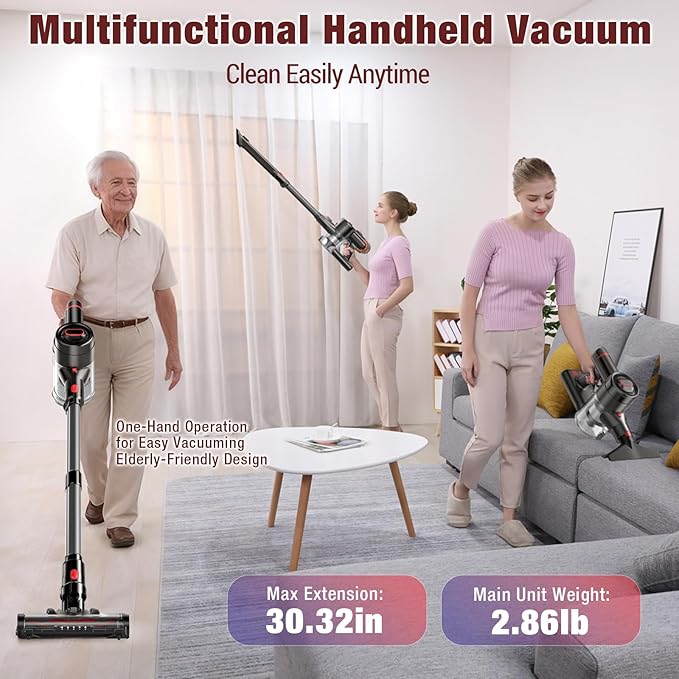 Cordless Vacuum Cleaner, 450W 40Kpa Stick Vacuum with Powerful Suction, 50Mins Vacuum Cleaners for Home, Anti-Tangle Brush, 8 in 1 Lightweight Vacuum for Hard Wood Floor Carpet Pet Hair