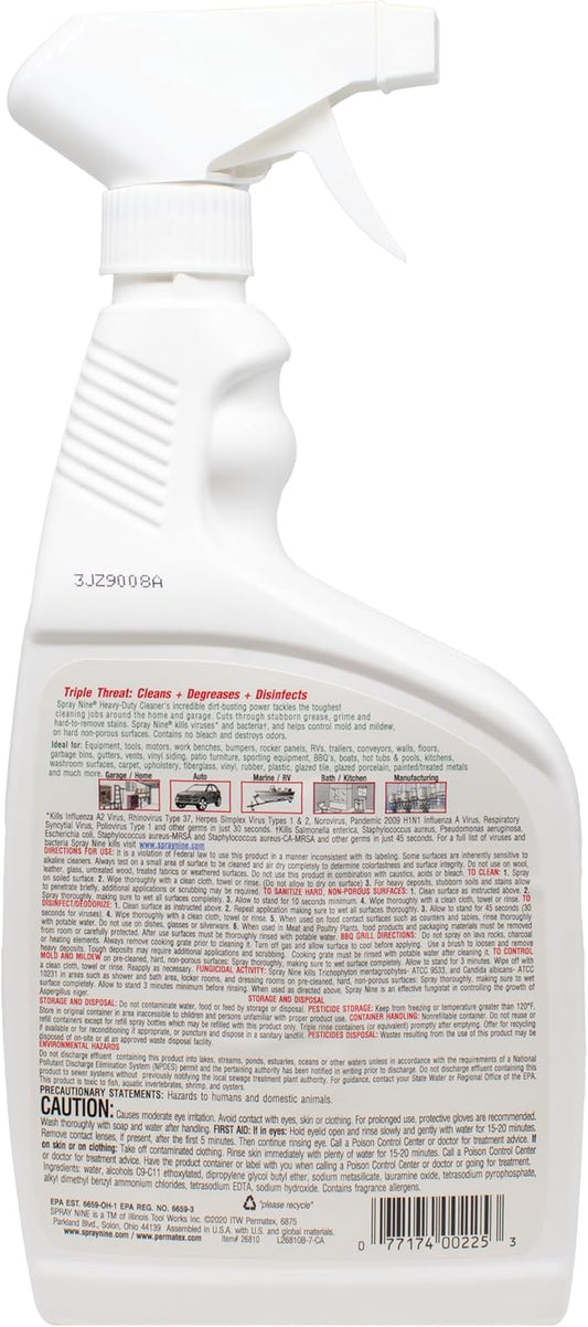 Spray Nine 26810 Heavy Duty Cleaner, Degreaser & Disinfectant for Kitchens, Bathrooms, Yard Equipment, Automotive & Industrial 32 Fl Oz. (Pack of 1)