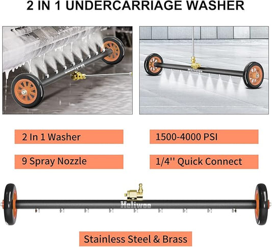 Undercarriage Pressure Washer Attachment, Upgrade 30 Inch Power Washer Water Broom with 9 Nozzles, Dual-Function Underbody Car Wash Surface Cleaner with 3 Pieces Extension Wand- 4000PSI
