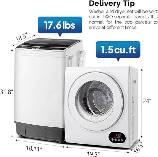 ROVSUN 17.6LBS Full Automatic Washing Machine and 1.5CuFt Portable Clothes Dryer Set, Compact Laundry Washer and Dryer Combo Set with Stainless Steel Inner Tub, for Apartment, Dorms, Home