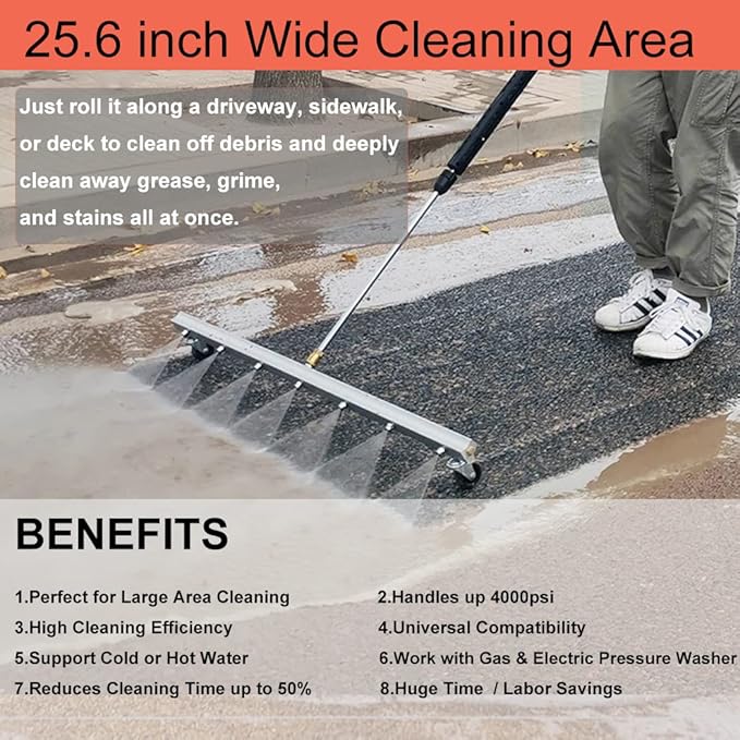 25.6inch Water Broom Pressure Washer Surface Cleaner 4000 Psi Power Broom Sweeper with 7 Nozzles and 2 Extension Wand for Concrete Driveway Sidewalk Deck, Roof,Floor Cleaning