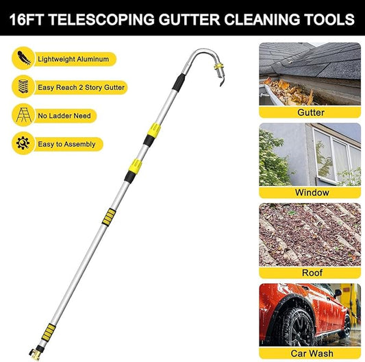 24FT Reach Gutter Cleaning Tools from Ground, Telescopic Rain Gutter Cleaners Tool with Quick Connect Adapter and Heavy Duty Wand for 2nd Story House