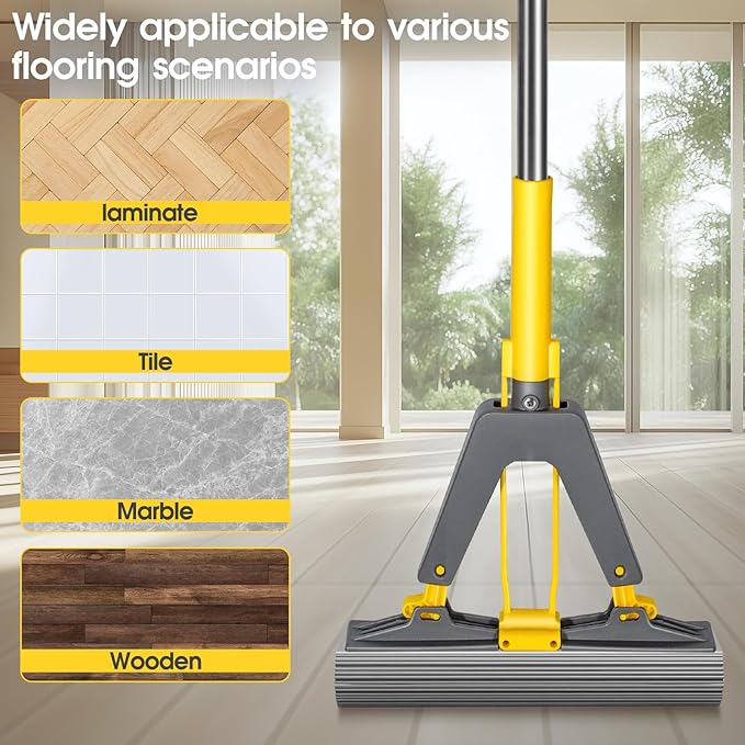 Masthome 36" Commercial Mop with 3 Microfiber Pads & Sponge Mop and Stainless Steel Handle with 3 Absorbent Mop Refills - Home & Office Suitable