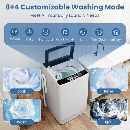 VCJ Portable Washing Machine, 35 LBS Large Capacity Full-Automatic Portable Washer with 12 Wash Cycles, 8 Water Levels & 24H Delay, Compact Electric Laundry Washer for Apartment, Dorms,RVs