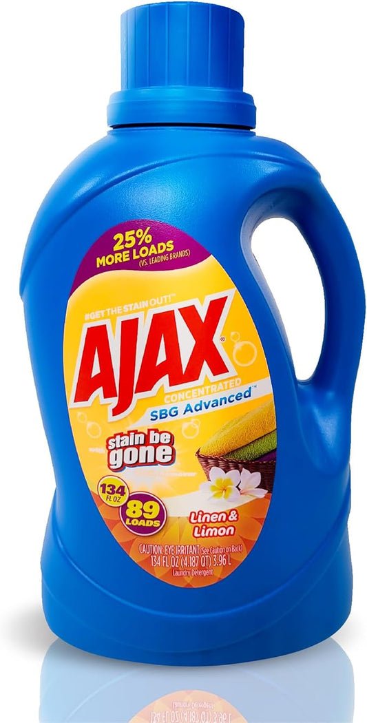 Ajax SBG Advanced Laundry Detergent, Linen & Lemon Scent, 134oz (Pack of 4) – Totally Awesome Stain & Odor Remover, HE Compatible, Concentrated Liquid, 356 Loads, Color-Safe, Long-Lasting Freshness