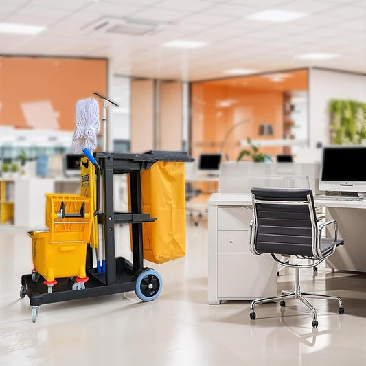 Simpli-Magic Commercial Cleaning Cart with Waste Bag & Lid, Janitorial Utility Cart with 3 Shelves, Mop & Broom Holders, 330 lb Capacity, Yellow/Grey
