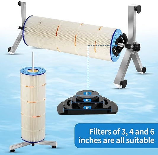 Pool Filter Cleaning System and Cleaner Stand Solid Aluminum Shaft- Compatible with 3,4,and 6 Inch Filter Cartridges,Dual Use Stand Design for Vertical & Horizontal