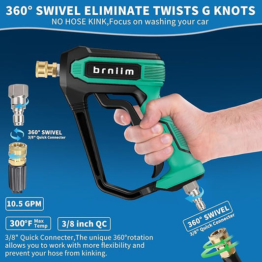 Short Pressure Washer Gun Pro - 5000 PSI/10.5 GPM Heavy-Duty Power Washer Gun w/ 5 Nozzles & 360Β° Anti-Kink Swivel-3/8 & 1/4" Quick Connect Compatible Foam Cannon/Dual Connecto/Car Wash Kit