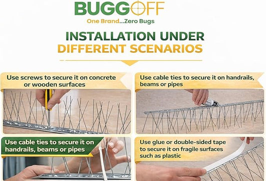 BUGGOFF Bird and Rodent Spikes, 4.5" Tall 10" Long Stainless Steel Anti-Bird Deterrent Strips, Silver, Professional Pest Control for Roofs, Fences, Ledges (20 Pieces / 16.6 Feet)