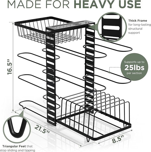 7-Tier Pots and Pans Organizer Under Cabinet - Cooking Pot Lid Organizer for Cabinet with Basket for Utensils, Lid Rack - Adjustable Vertical Holder Cookware Storage, Steel Pot Rack for Kitchen