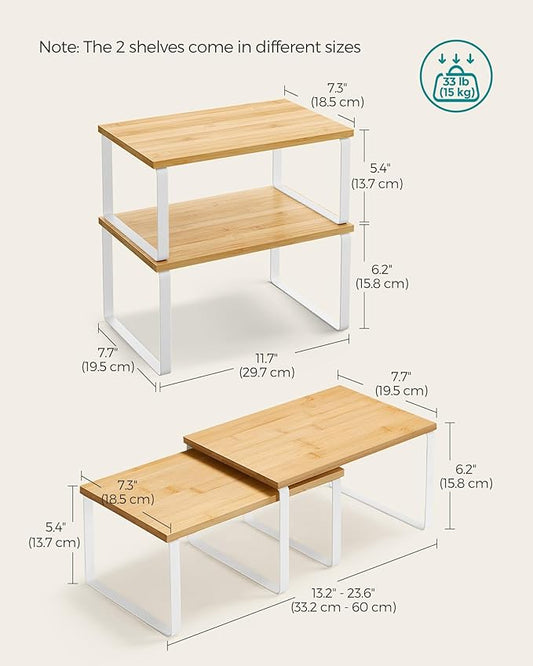 SONGMICS Cabinet Organizer Shelf, Set of 2 Kitchen Counter Shelves, Kitchen Storage, Spice Rack, Stackable, Expandable, Metal and Engineered Wood, Cloud White and Natural Beige UKCS02NW (Pack of 2)