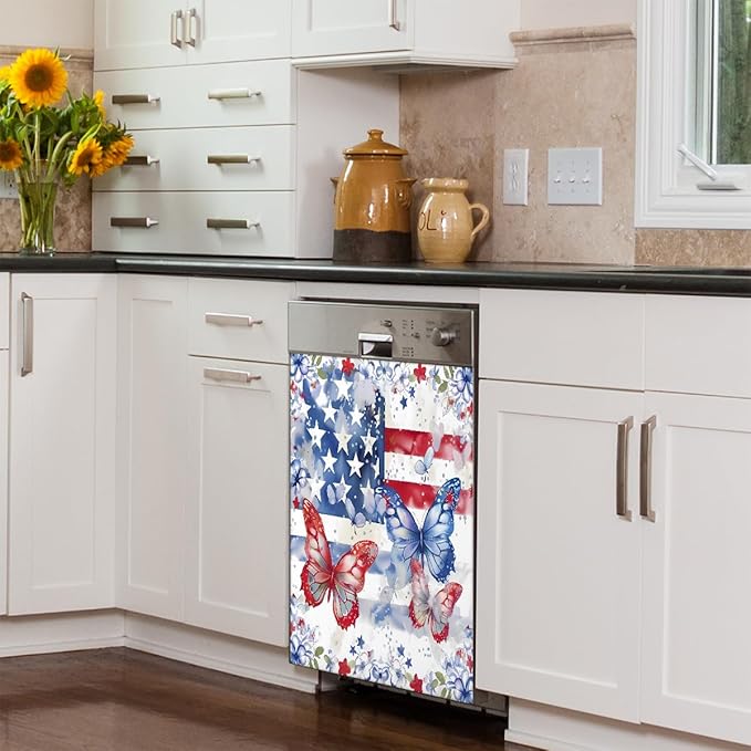 Dishwasher Magnet Cover Red Blue American Flag Butterfly Reusable Dishwasher Magnetic Cover Sticker Decorative Dish Washer Door Cover Panel for Home Kitcen Appliance, 21x26 in