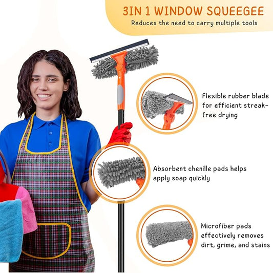 Window Cleaner Tool for Home, 59.5'' Squeegee Kit for Car Windshield, Shower Door, Mirror Cleaning, 2 in 1 Outdoor Glass Washer with Extension Pole