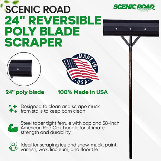 SCENIC ROAD Farm & Ranch Scraper Tool – Heavy Duty Ice Scraper with 24" Reversible Blade & 58" Long Handle Scraper – Poly Scraper for Driveway Ice, Barn, Paint or Wood – Made in USA (Model SRP24)