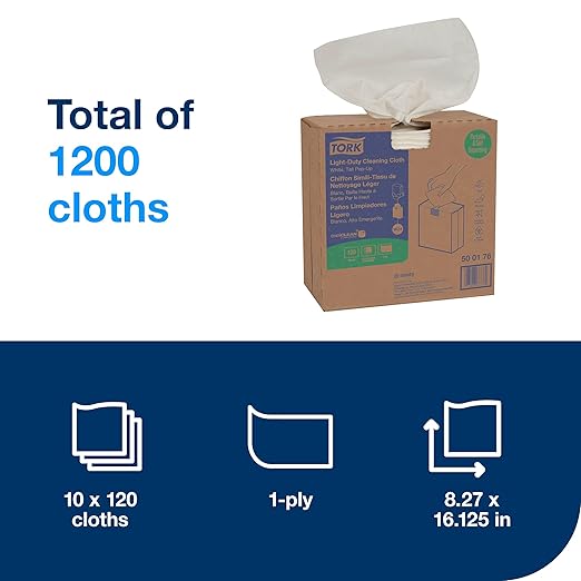 Tork Light Duty Cleaning Cloth Pop-Up Box White W24, Use Wet or Dry, 10 x 120 Cloths, 500176