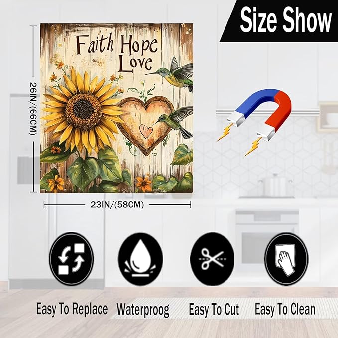 Sunflower Hummingbird Magnet Dishwasher Cover Kitchen Decor Sticker, Faith Hope Love Magnetic Fridge Panel Skin Cover Country Flower Dishwasher Panel Decal, 23" x 26" Magnetic