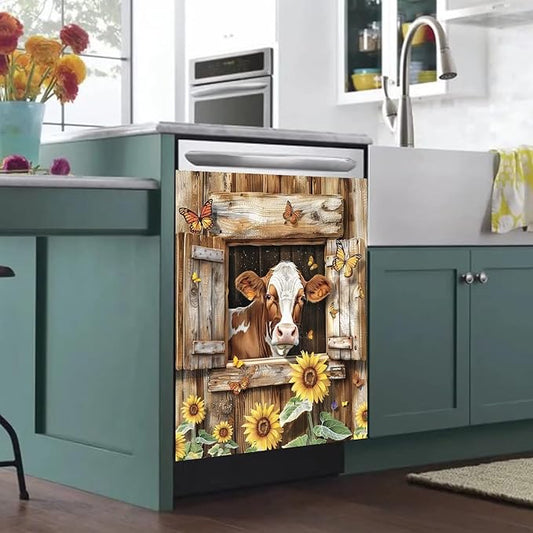 Farm Animals Cow Kitchen Magnet Dishwasher Skin Cover Panel, Country Sunflower Refrigerator Door Cover Sheet Magnetic, Butterfly Magnetic Dishwasher Sticker for Front, 23" W x 26" H Magnetic