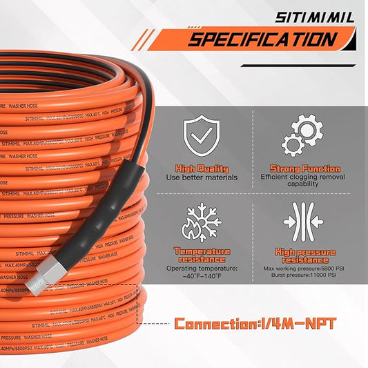 Sewer Jetter Kit for Pressure Washer 50FT,5800psi Drain Cleaner Hose 1/4 Inch Npt Corner, with 5 Sewer Jetting Nozzles Sealing Tape Pearl Corsage Pin Spanner Glove Drain Snake