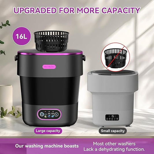 Portable Washing Machine, Mini Washer and Spin-Dryer With Folding Hanger, 16L Large Capacity Small Compact Laundry Machine of Underwear, Baby Clothes, for Apartments, Dormitories, RV, Travel, (Black)