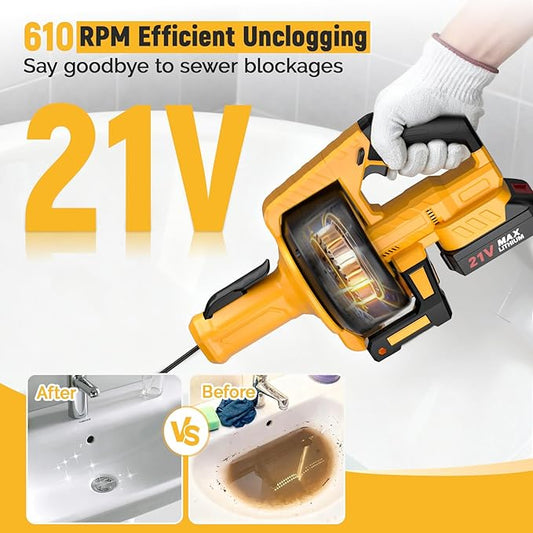 Electric Drain Auger,21V Cordless Drain Snake,25Ft Auto-Feed Snake Drain Hair Removal Tool with 2.0Ah Battery,Sink Snake Drain Cleaner for Sewer,Toilet,Kitchen,Shower 3/4"-2.95" Pipes(Bag&Gloves&Rag)